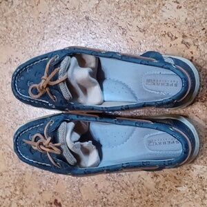 Sperry Women's Navy Angelfish Anchor Embossed Leather Topsiders Size 8